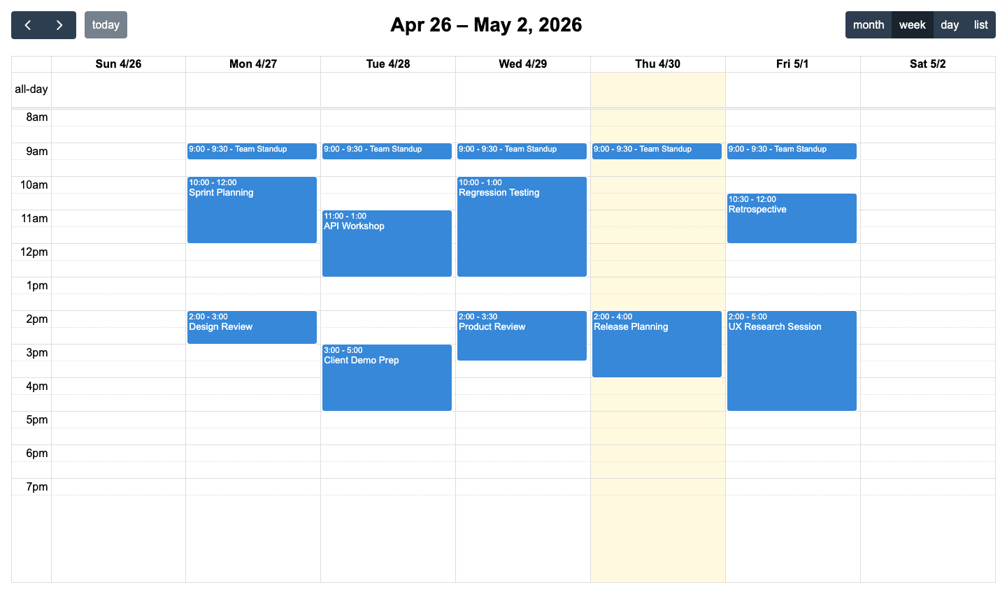 FullCalendar showing a month view with events